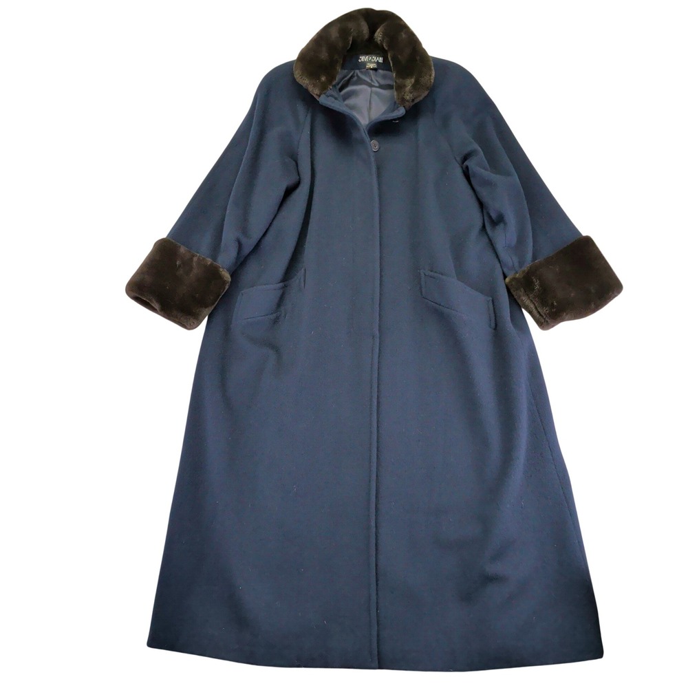 Steve Searle Women's Navy Blue Wool Blend Faux Fur Collar Long Coat Size 4 Small